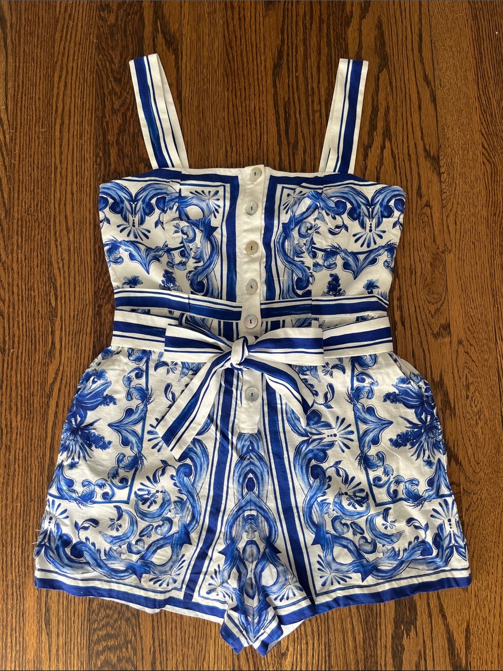 FARM Rio Blue & White Garden Tiles Belted Printed Romper - Picture 7 of 9